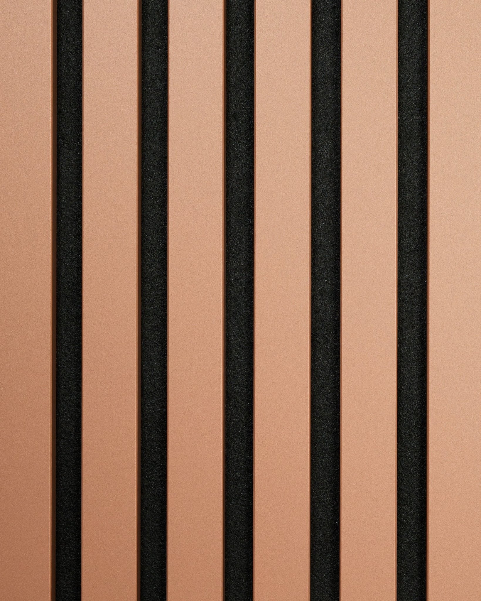 The Hue | Sample / Clay by WoodUpp displays vertical light brown and black acoustic panels in a minimalist striped pattern, highlighting Nordic design.